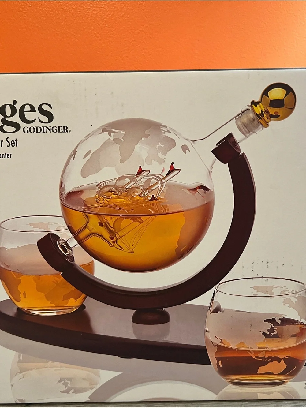 Godinger Voyages Decanter Set with Dark Wood Stand and Etched Globe Glasses